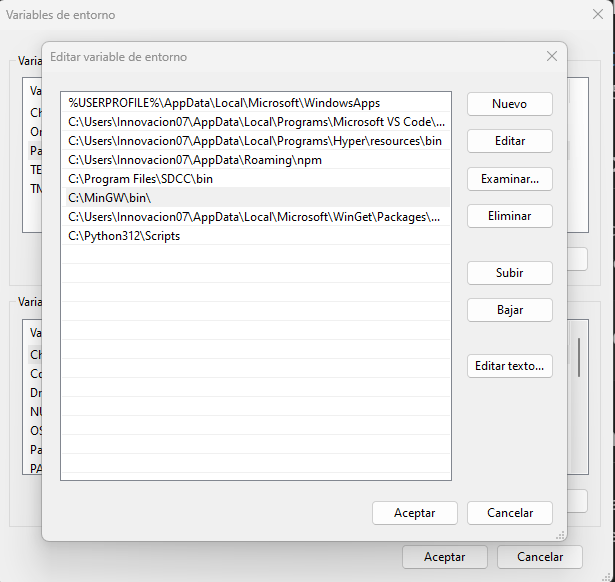 Adding MinGW bin directory to environment variables.